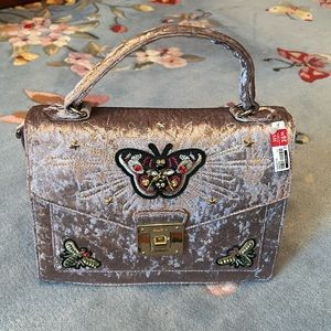 Grey velvet appliqué top handle purse, Aldo